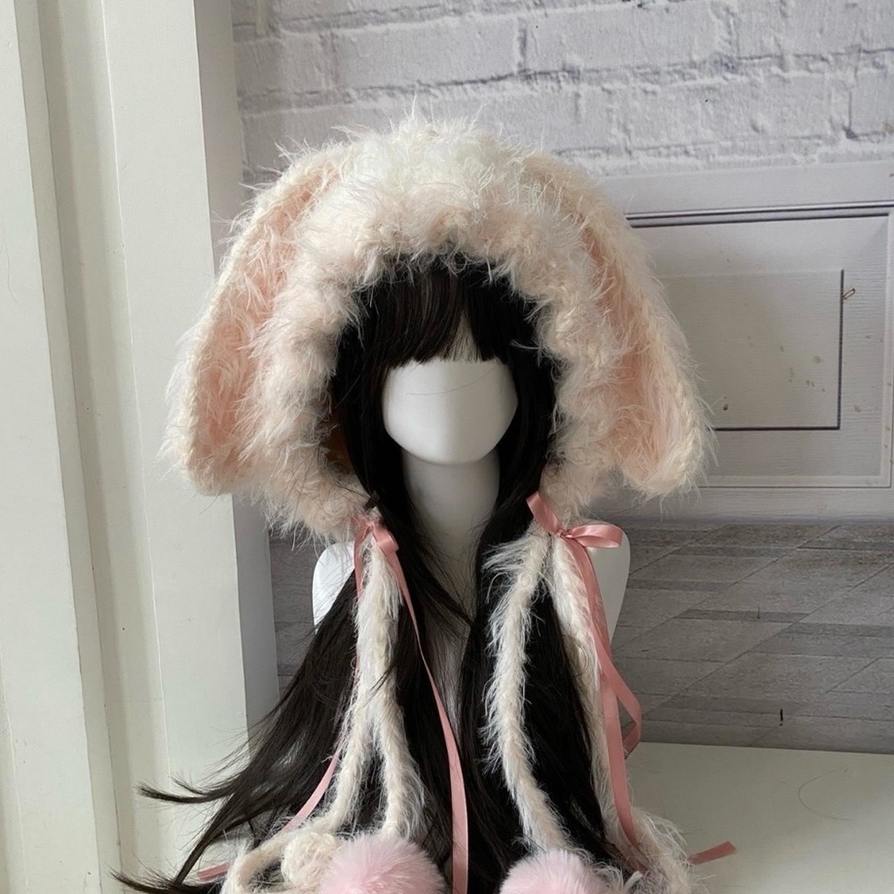 Fluffy Bunny Ear Hood Hat with Pink Bow Accents